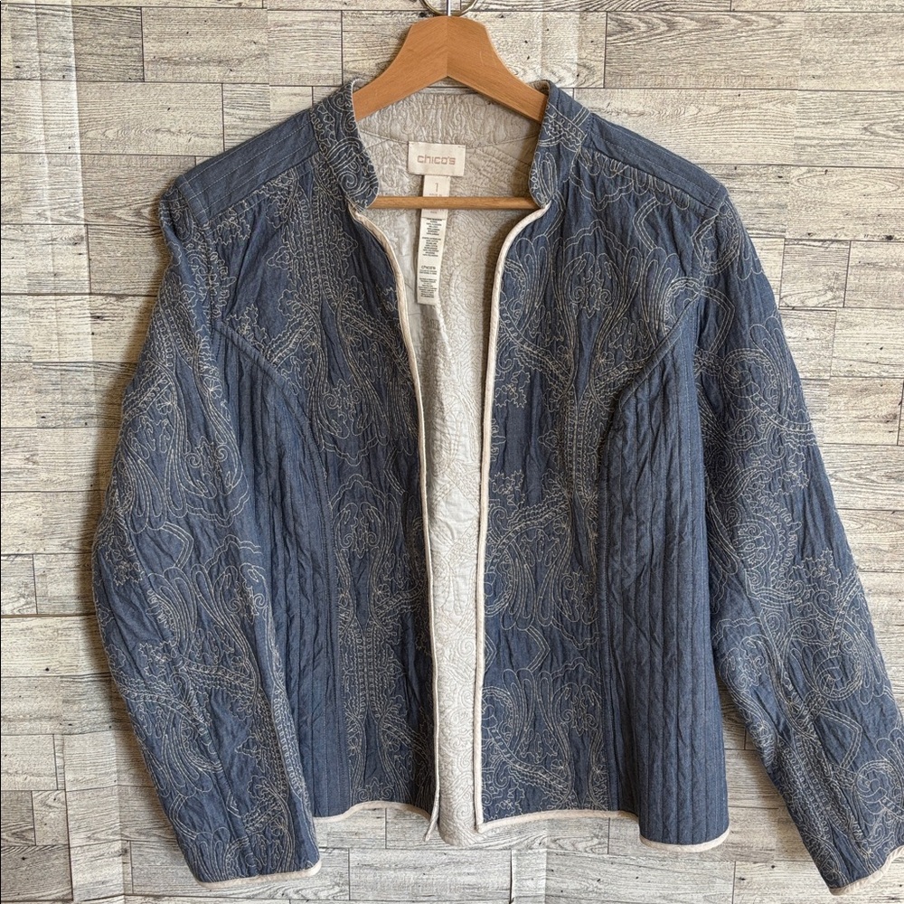 Quilted Paisley Brocade Floral chambray Open Front y2k Jacket coat Medium Chicos - Picture 1 of 8